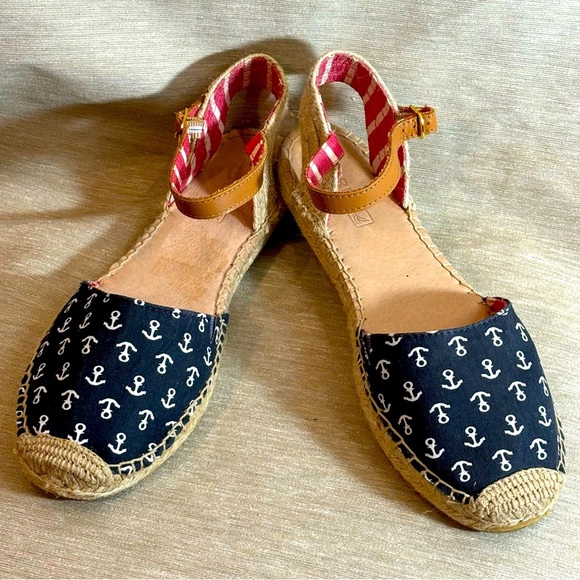 SPERRY Sz 9.5 Canvas Ankle Closure Espadrilles Anchor Pattern Nautical Sandals - Picture 1 of 8